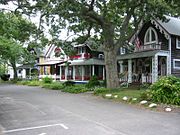 Cottages in a former Methodist camp town in Oak Bluffs, Massachusetts on Martha's Vineyard.