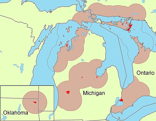 Ottawa population areas in Ontario, Michigan and Oklahoma. Reserves/Reservations and communities shown in red.