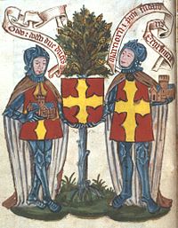 Oddo and Doddo, brothers and Dukes of Mercia, Saxon founders of Tewkesbury Abbey. Latin titulus above: Oddo : Doddo duc(es) duas Marciorum et primi fundatores Teokburie ("Oddo & Doddo two Earls of the Marches and first founders of Tewkesbury"). Each knight is in armour and bears in his hand a model of a church. Both are supporting a shield (affixed to a pomegranate tree) bearing the attributed arms of themselves and of the Abbey Gules, a cross raguly or. Tewkesbury Abbey Founders Book, folio 8 verso, Bodleian Library, Oxford Oddo&Doddo SaxonFoundersOf TewkesburyAbbey.jpg