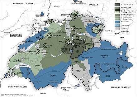 The Old Swiss Confederacy from 1291 (dark green) to the sixteenth century (light green) and its associates (blue). In the other colours shown are the subject territories.