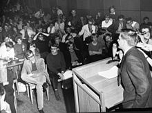 At the occupation of the Student Union Building in Stockholm, Olof Palme encourages students to embrace democratic values. Olof Palme 1968.jpg