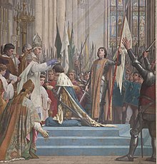 Charles VII kneeling to the left about to be crowned by an archbishop. Joan stands behind Charles in her armor and holding her banner looking upward.