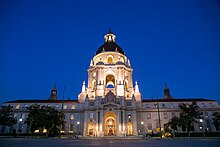 Lit at night Pasadena City Hall at dusk.jpg