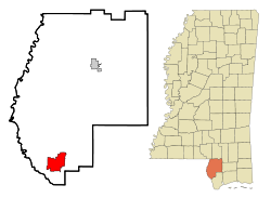 ミシシッピ州におけるパールリバー郡（右図）と同郡におけるピカユーン市の位置