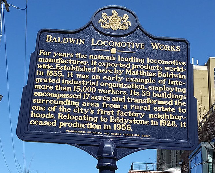 File:Pennsylvania State Historical Marker for the Baldwin Locomotive Works, placed at northwest corner of Matthias Baldwin Park.jpg