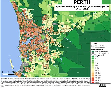 Perth population density by mesh blocks (MB), according to the 2016 census