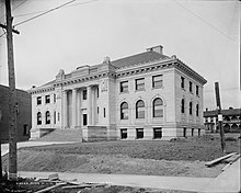 The turn of the 20th century witnessed a tremendous expansion in the provision of public libraries in the English-speaking world. Pictured, the Peter White Public Library, built in 1905. Peter White Public Library, Marquette, Mich. c.1905.jpg