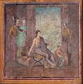 Image 61Female painter sitting on a campstool and painting a statue of Dionysus or Priapus onto a panel which is held by a boy. Fresco from Pompeii, 1st century (from Painting)