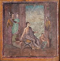 Vægmaleri af et rum med folk, en statue og et maleri. Pompeii. Romersk kunst