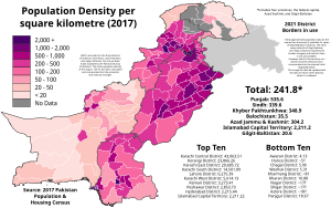 Population Density per square kilometre of each Pakistani District as of the 2017 Pakistan Census Population Density by Pakistani District - 2017 Census.svg