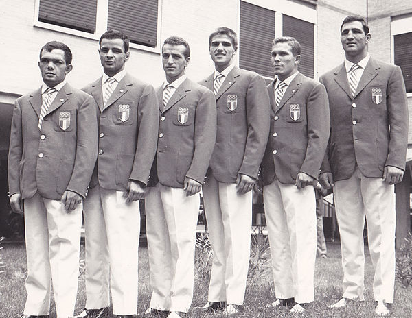 Italian medalists in boxing, left-right: Primo Zamparini, Francesco Musso, Sandro Lopopolo, Nino Benvenuti, Carmelo Bossi and Francesco de Piccoli