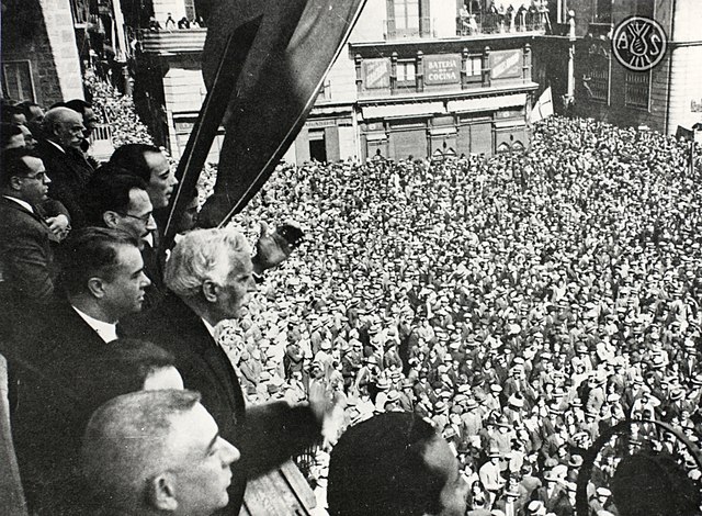 Francesc Macià proclaiming the Catalan Republic in Plaça de Sant Jaume, Barcelona, 14 April 1931
