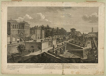 Vue des jardins, gravure de Carlo Antonini d'après Francesco Pannini, 1780.