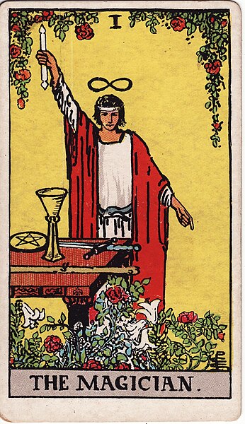 The Magician from the Waite–Smith tarot, who is depicted using the same tools that modern Wiccans use.