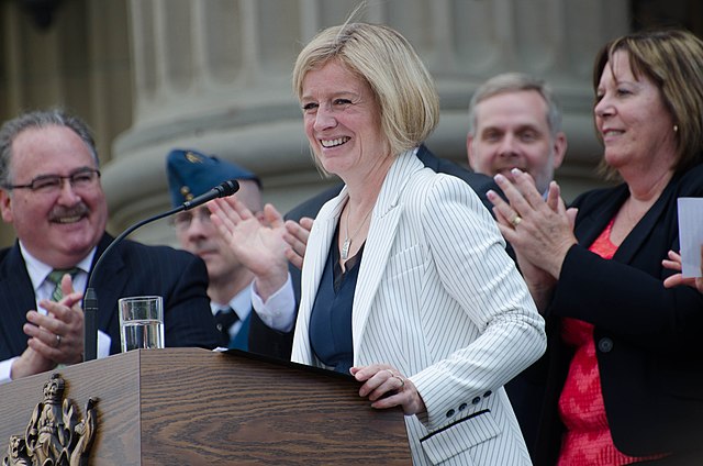 Rachel Notley after being sworn in as the 17th Premier of Alberta alongside her cabinet on the steps of the Alberta Legislature Building