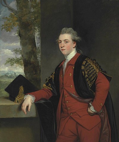 Francis Basset, wearing a red suit and undergraduate robes, with a mortar-board on the wall beside him. Portrait by Sir Joshua Reynolds, private collection Reynolds - Francis Basset.jpg