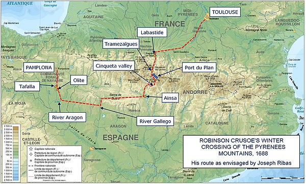 The route taken by Robinson Crusoe over the Pyrenees mountains in chapters 19 & 20 of Defoe's novel, as envisaged by Joseph Ribas