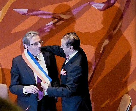 Roland Ries, mayor of Strasbourg, receive the sash of mayor by the colonel Aziz Meliani (5 April 2014)