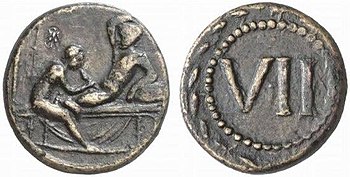 Oral sex between a youth and an older male on a Roman Spintria token Roman coin celebrating pederasty.jpg