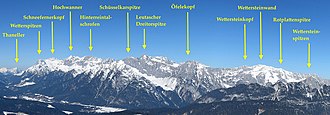 The Wetterstein mountains from the southeast: from the Gaistal valley to the Wettersteinwand and Wettersteinspitze Rosshuette Wetterstein peak names 02 kl.jpg