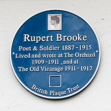 Blue plaque commemorating poet Rupert Brooke at Orchard House and the Old Vicarage. Unveiled 25 April 2015. Rupert Brooke Orchard House Blue Plaque.jpg