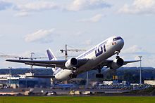 A LOT Boeing 767–300 departs Gdańsk Lech Wałęsa Airport, September 2010.