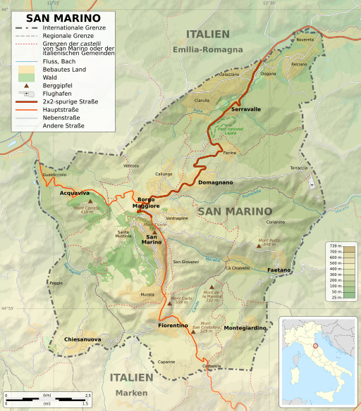 San Marino Karte. San Marino relief map-de