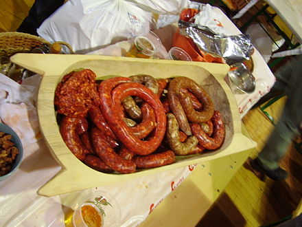 Various Hungarian sausages at the Csaba Sausage Festival in Békéscsaba, Hungary.