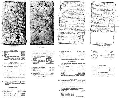 The Scheil dynastic tablet, containing a part of the Sumerian King List, from Uruk II to Ur III. Transcription and translation in French (1911). Scheil dynastic tablet (1911).jpg