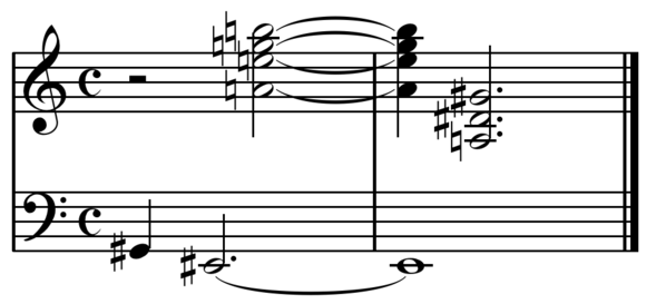 Ending of Schoenberg's "George Lieder" Op. 15/1 presents what would be an "extraordinary" chord in tonal music, without the harmonic-contrapuntal constraints of tonal music.[1]