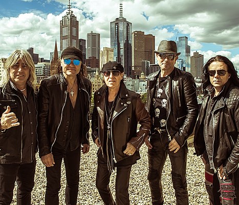 Scorpions in Melbourne, Australia in 2016 during the 50th Anniversary World Tour. From left to right: Mikkey Dee, Matthias Jabs, Klaus Meine, Rudolf Schenker, Pawel Maciwoda.
