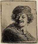 Self-portrait in a Cap, Laughing label QS:Len,"Self-portrait in a Cap, Laughing" label QS:Lde,"Selbstporträt mit Mütze, lächelnd" label QS:Lnl,"Lachend zelfportret met muts" (ii/vi). 1630. etching print. 5.1 × 4.4 cm (2 × 1.7 in). Various collections.