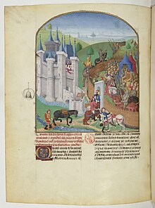 Page d'un ancien livre montrant le siège de la forteresse de Champtoceaux par l'armée bretonne en 1420.