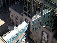 A color photograph of the second and fourth story skyways over 6th Street and in between Nicollet Mall and Marquette Avenue in Minneapolis, Minnesota.
