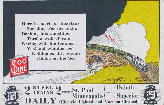 A postcard advertisement for the railroad's service between Minneapolis/St. Paul and Duluth/Superior, circa 1910