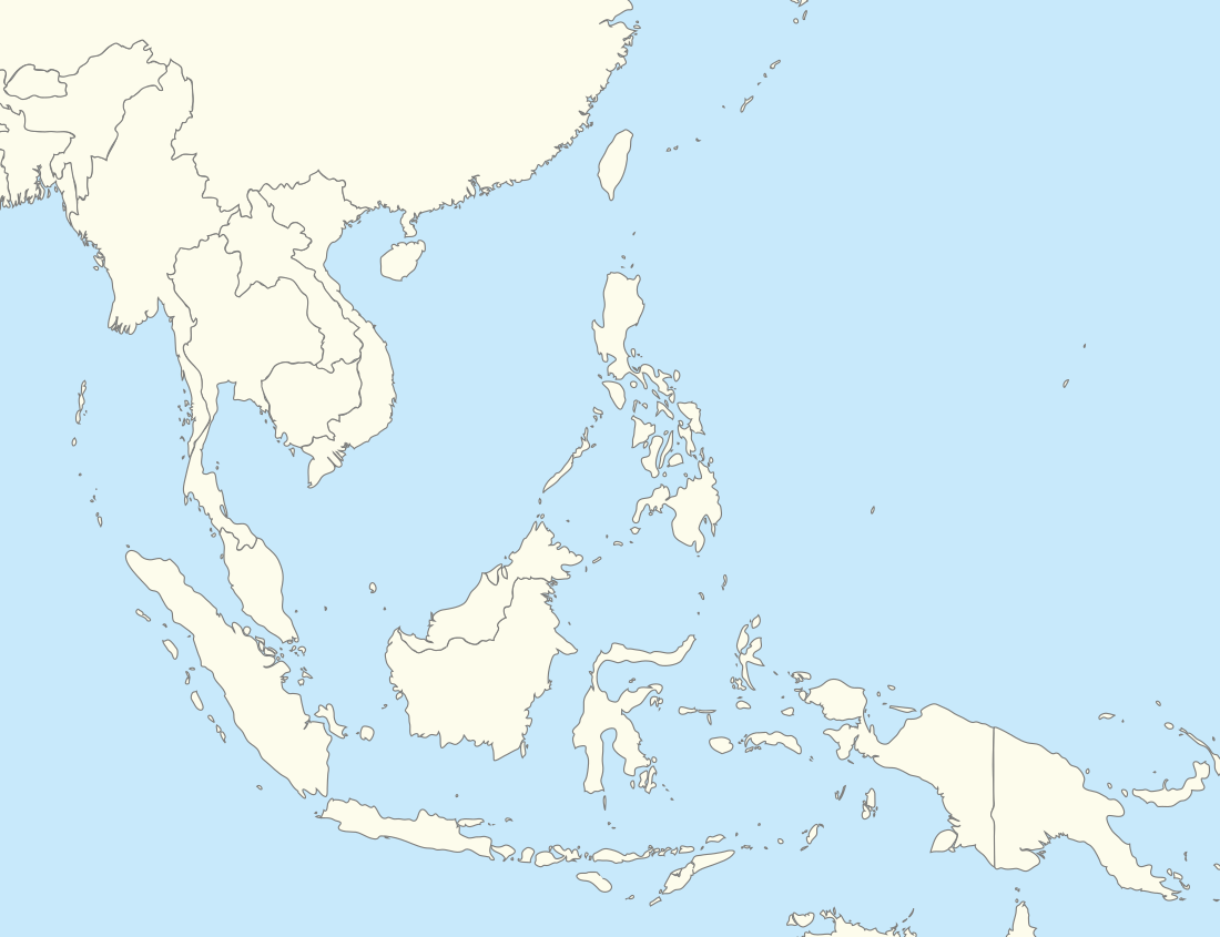 Kort over Sydøstasien, der viser de mest befolkede byer.  Hovedstæder er med fed skrift.