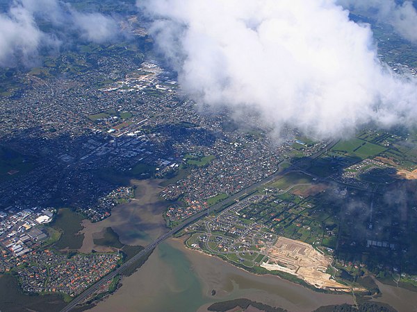 Aerial view of Papakura and the Auckland Southern Motorway