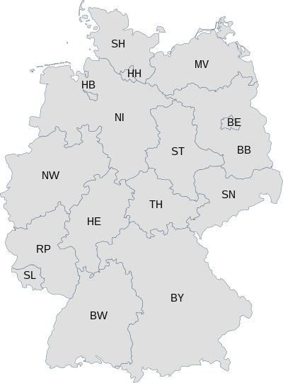 Germany (DE) with each first-level administrative subdivision labelled with the second part of its ISO 3166-2 code.