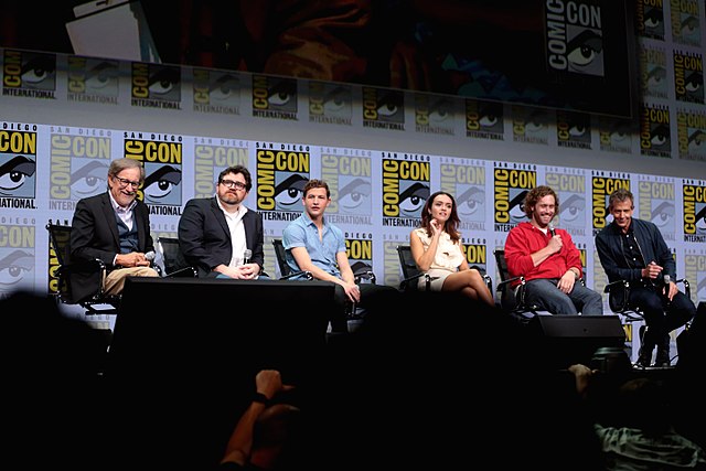 Director Steven Spielberg (far left) and Ernest Cline with the cast of Ready Player One at San Diego Comic-Con. From third of left: Tye Sheridan, Oliv