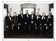 Pictured (L-R): Barrie Bremner (Acting 1998), Alan Fennell (Acting 1998-1999), Robert Eddington (Acting 1988), Surveyor General of Victoria Keith Bell AM, RFD (1999-2003), Governor of Victoria John Landy AC CVO MBE FTSE (2001-2006), Colin Middleton ISO (1967-1972), Raymond Holmes AM (1979-1988), & John Parker (1989-1998)