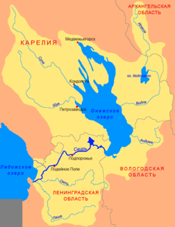 Course of the Shuja (Шуя) in the catchment area of ​​the Swir