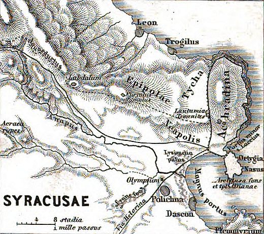 Syracuse in de oudheid met het ervoor gelegen eiland Ortygia
