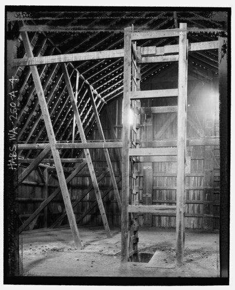 File:THE HAYLOFT OF THE JENNE BARN, SHOWING ITS UNIQUE CONSTRUCTION. (The barnand-146;s gambrel roof is supported by seven bents made-up of diagonal stilts, collar beams, and cross-bracing HABS WA-250-A-4.tif