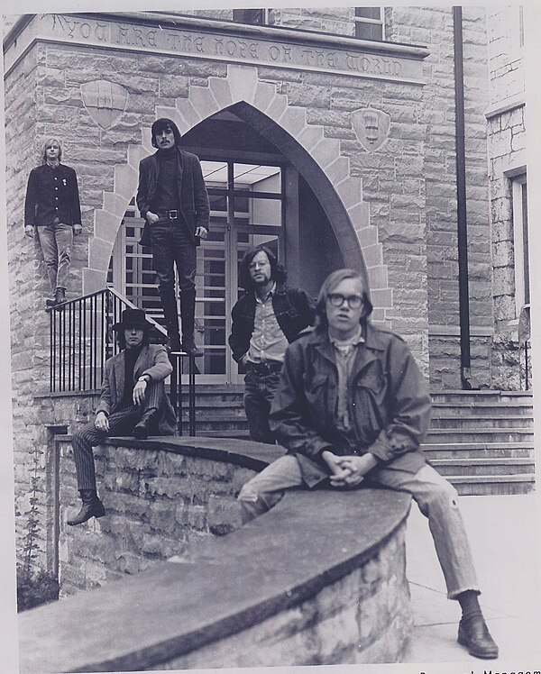 The group "Lost and Found", 1966. From left: Peter Haviland, Jeff Hayes, John Trivers, Bloom, and George Faust photographed at Hobart and William Smit