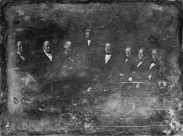 The Zachary Taylor Administration, 1849 Daguerreotype by Mathew BradyFrom left to right: William B. Preston, Thomas Ewing, John M. Clayton, Zachary Taylor, William M. Meredith, George W. Crawford, Jacob Collamer and Reverdy Johnson, (1849).