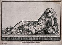 O suicídio de Cleópatra: a áspide está se contorcendo no braço esquerdo de uma Cleópatra adormecida, em uma gravura de Jean-Baptiste de Poilly (1669-1728)