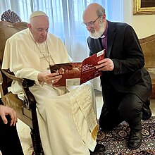 Thomas Schirrmacher discussing the new WEA brochure with Pope Francis when visiting the Pope when he fulfilled a decade in office. (March 2023) Thomas Schirrmacher discussing the new WEA brochure with Pope Francis.jpg