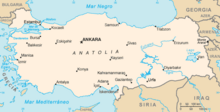 Mapa de Turquía, que incluye la península de Anatolia.