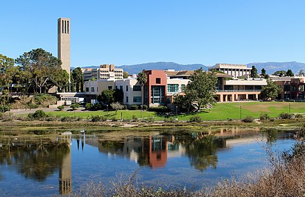 The Storke Tower and the University Center in front of the UCSB Lagoon.