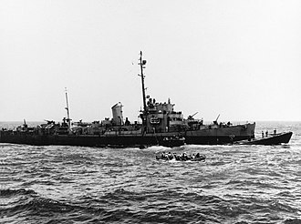 Pillsbury with the captured U-505 alongside, 4 June 1944. USS Pillsbury (DE-133) alongside the captured German submarine U-505 on 4 June 1944 (80-G-324310).jpg